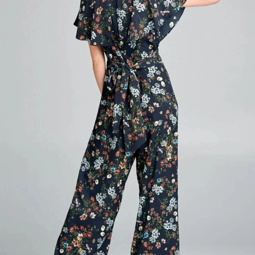 Flutter Sleeve Navy Floral Deep V-Neck Romper - Picture 4 of 9